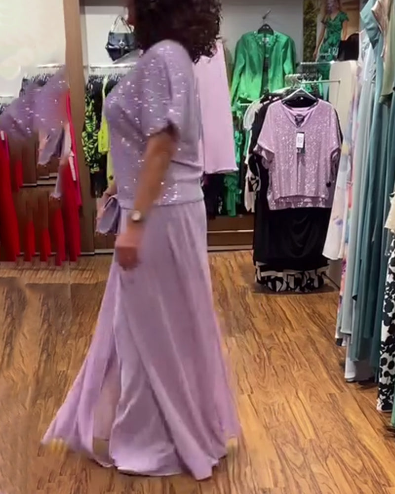 V-neck short-sleeved loose sequined blouse