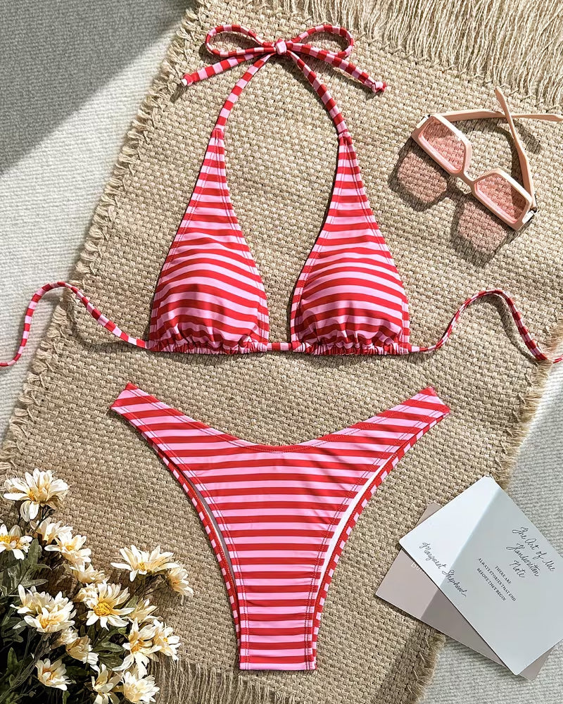 Horizontal Striped Halter Bikini