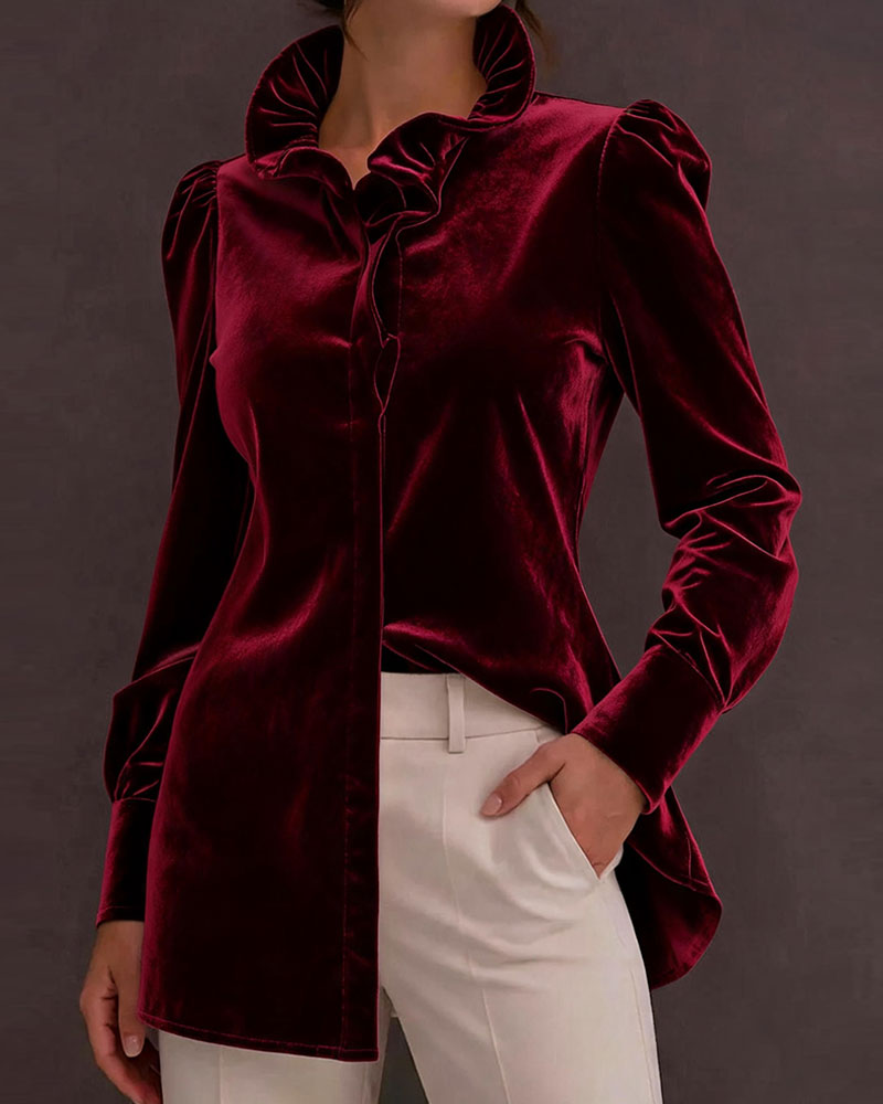 Velvet Ruffled Puff Sleeve Blouse