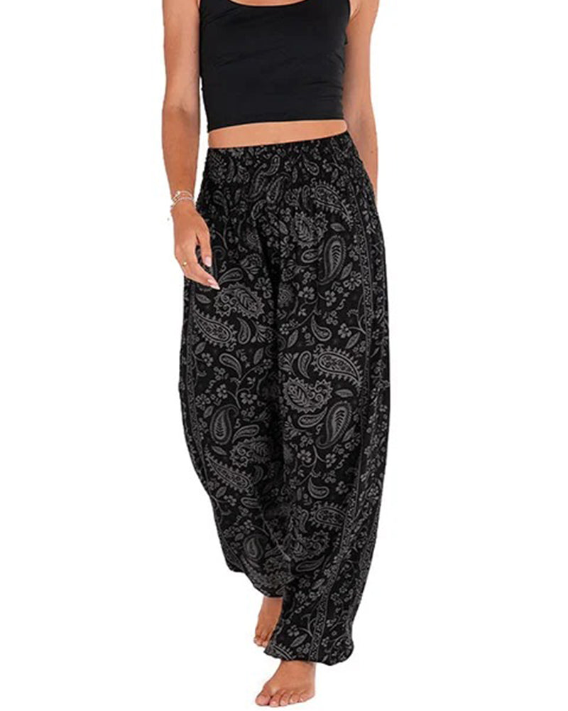 Printed Ethnic Style Pocket Wide-Leg Trousers