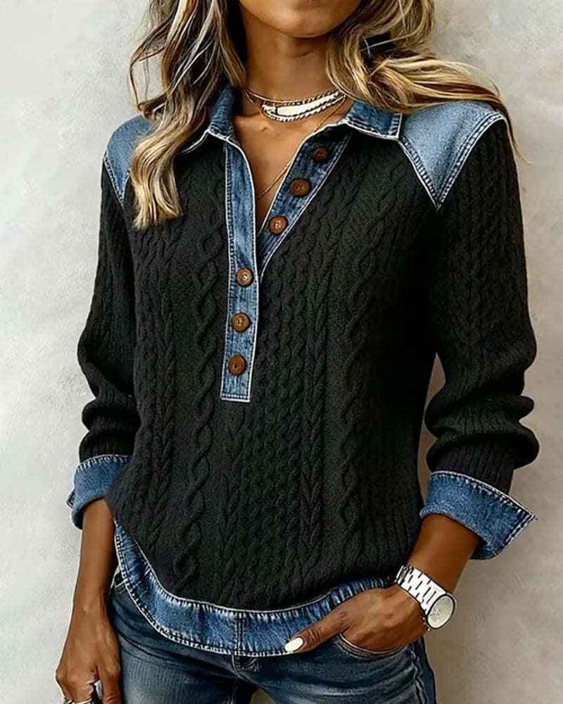 Stylish Color-Blocked Denim Sweatshirt