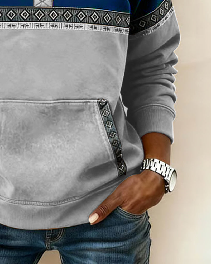 Retro Color-Blocked Fur Collar Sweatshirt