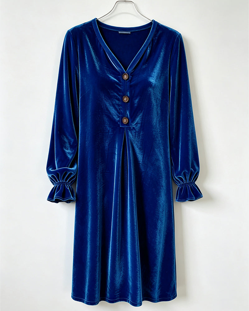 V-Neck Button Ruffle Pleated Dress