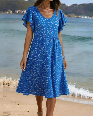 U-Neck Waist Print Flutter Sleeve Dress