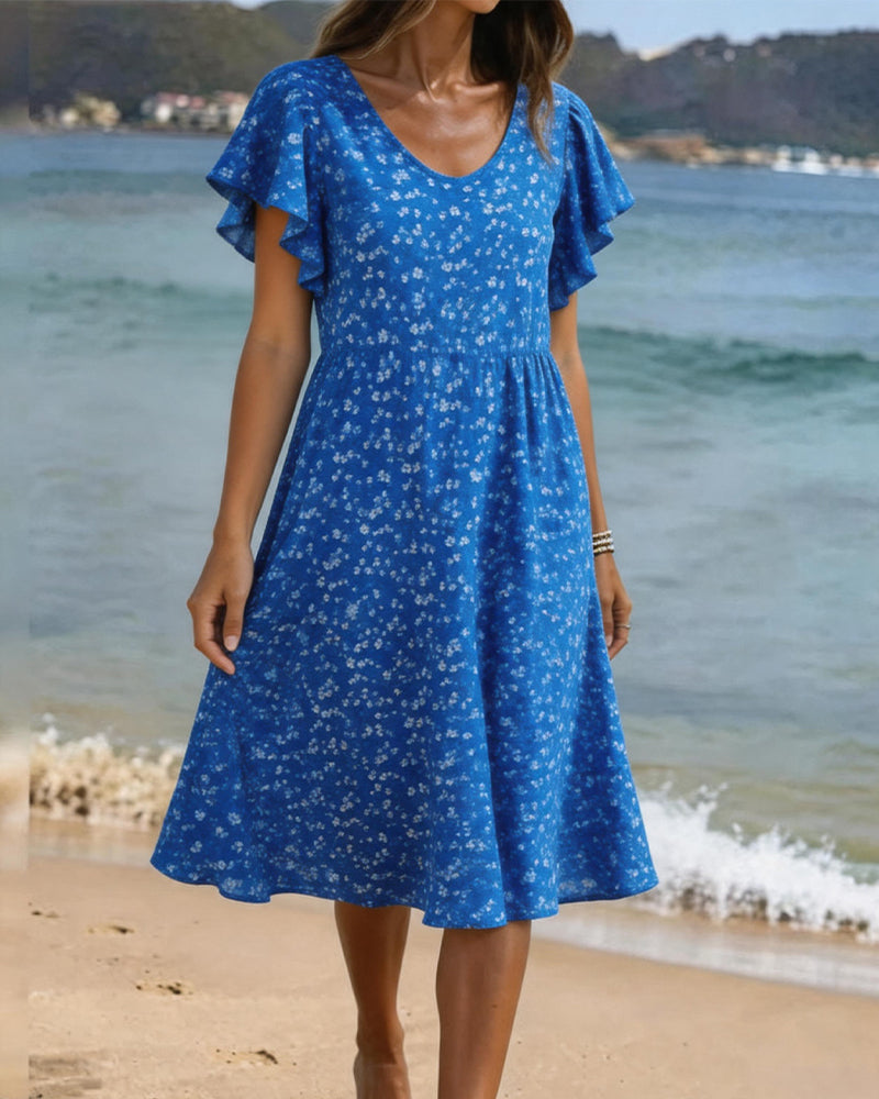 U-Neck Waist Print Flutter Sleeve Dress
