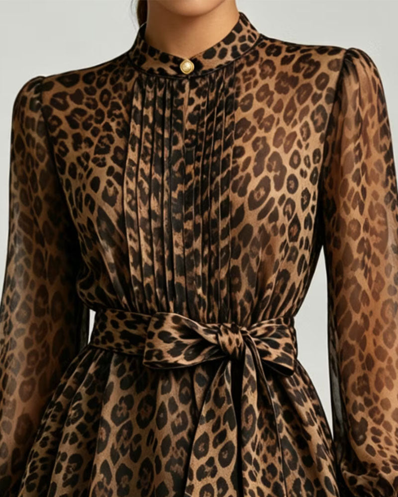 Leopard Print Stand Collar Puff Sleeve Lace Up Blouse
