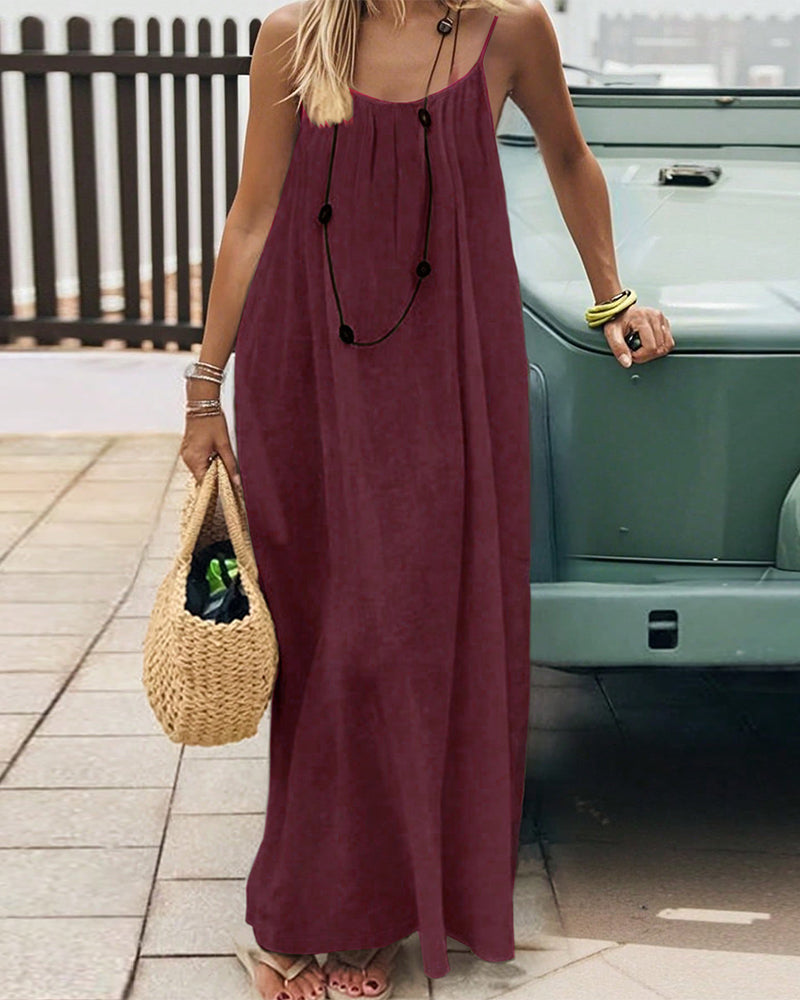 Solid Color Shirred Backless Spaghetti Strap Maxi Dress