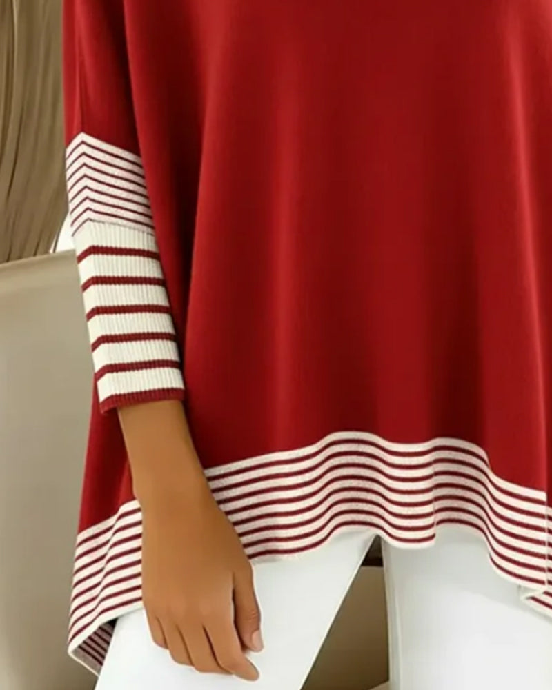 High-Neck Striped Color-Blocked Pullover