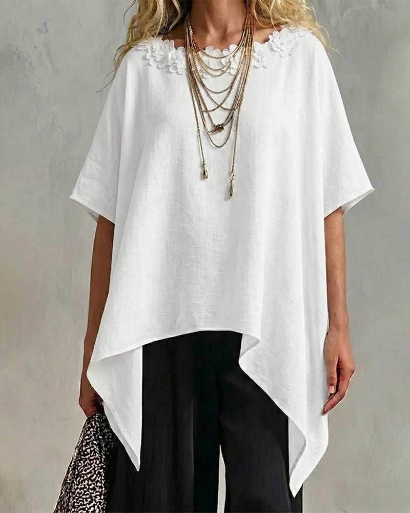 Three-Dimensional Floral Irregular Bat Sleeve Blouse