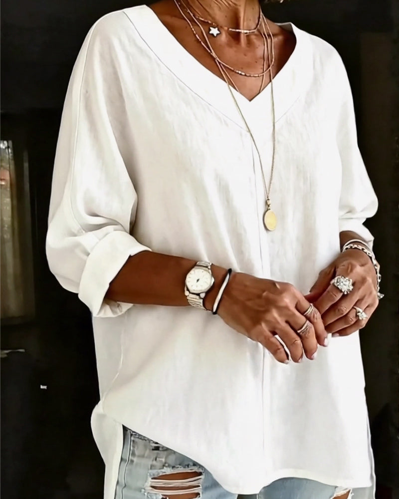 100% Cotton V-Neck Three-Quarter Sleeve Slit Top