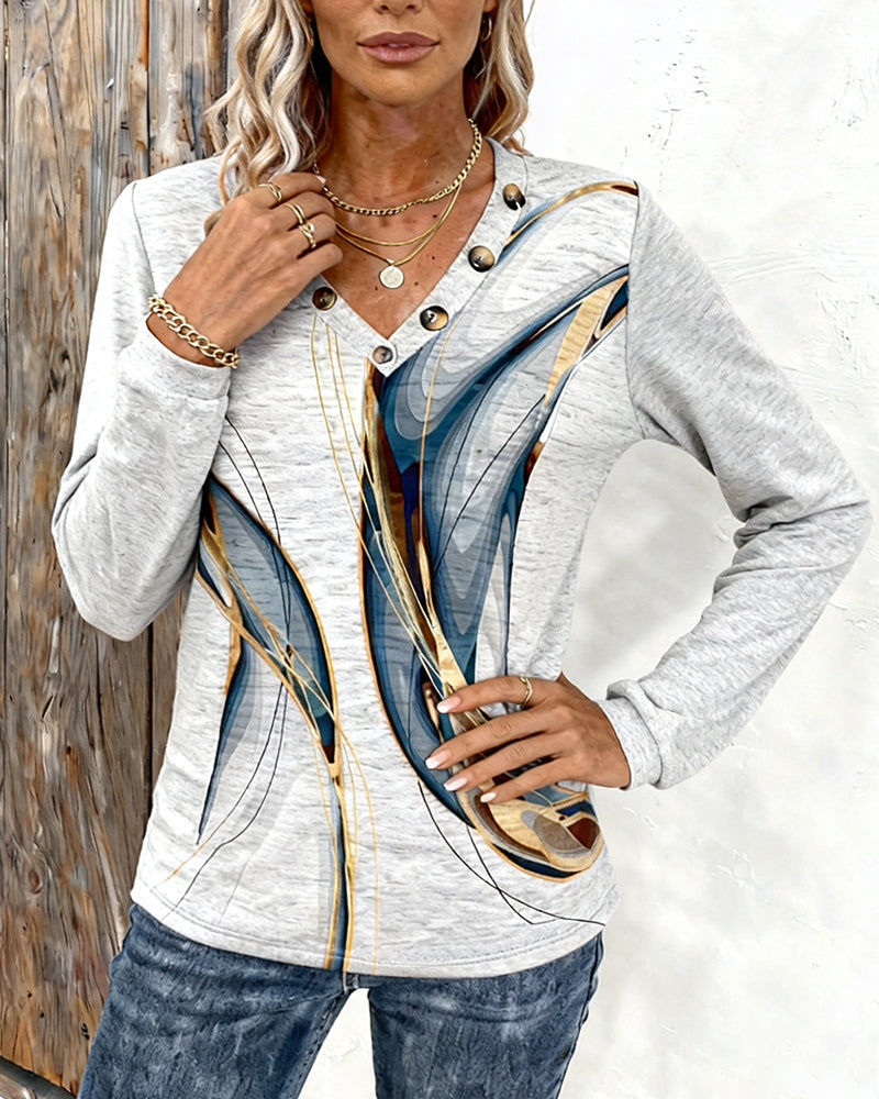 Printed V-Neck Long-Sleeved Casual Top