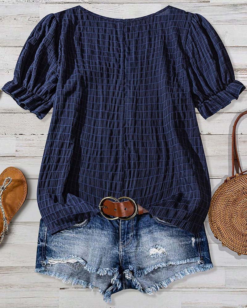 Puff-Sleeve Plaid Blouse
