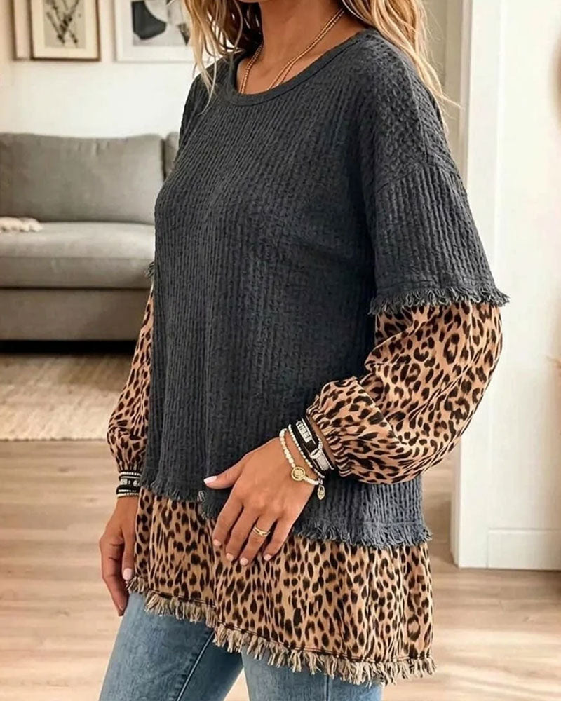Round Neck Leopard Print Patchwork Tassel Top