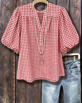 Plaid Print Puff Sleeve Short Sleeve Blouse