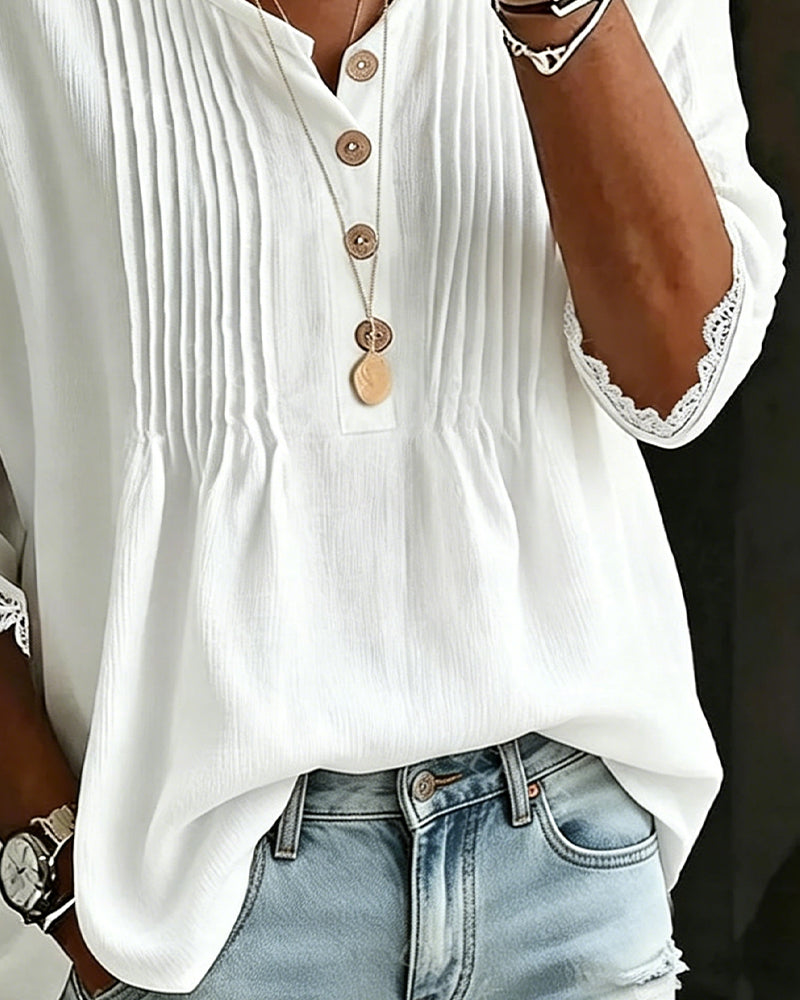 Pleated Button Lace Trim Blouse