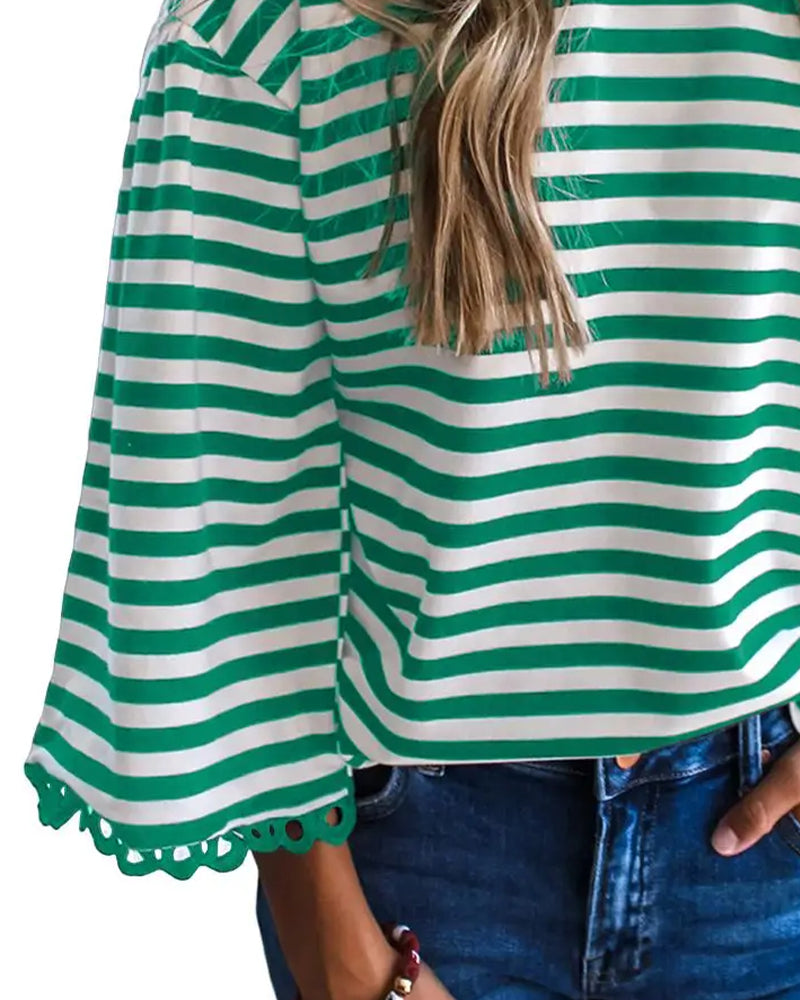 Crew Neck Drop Shoulder Stripe Cutout Blouse