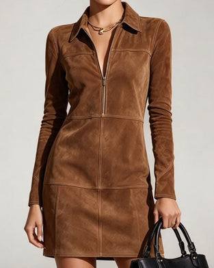 Lapel Zipper Long Sleeve Dress