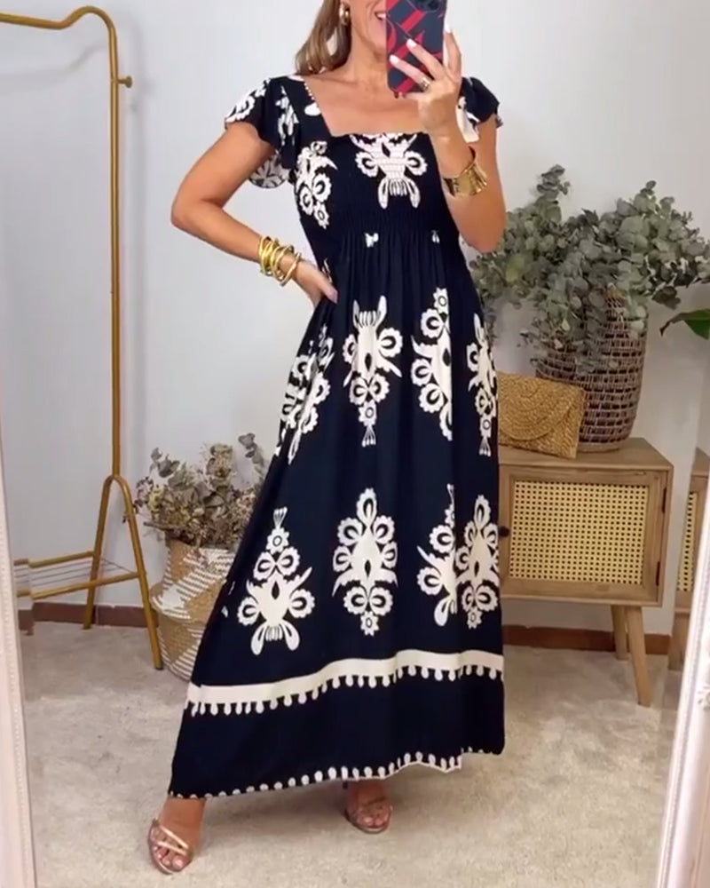 Square neck printed pleated elegant dress