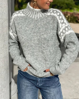 High Neck Patterned Contrast Sweater