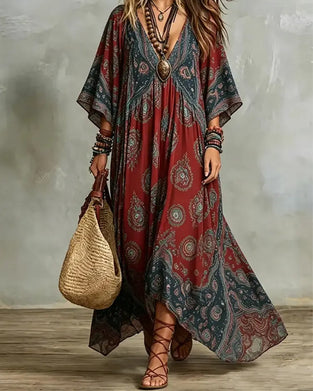 Vintage Bohemian V-neck Printed Maxi Dress