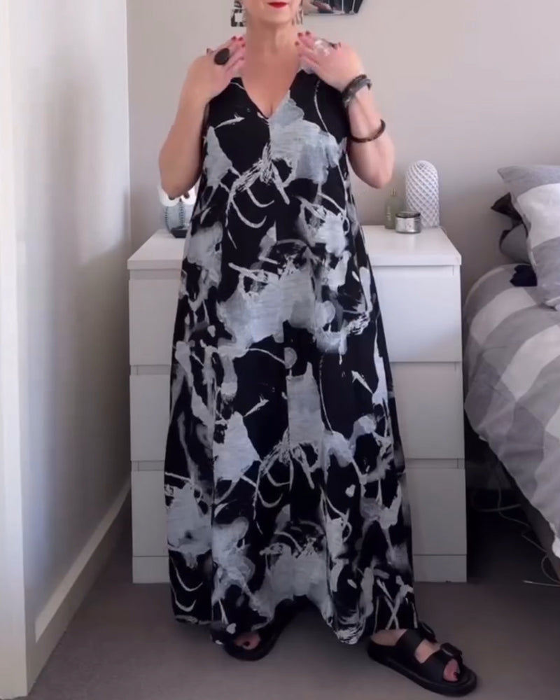 V-Neck Retro Print Sleeveless Dress