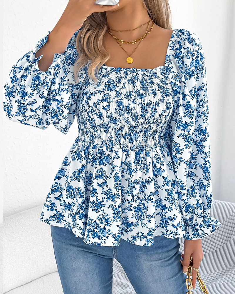 Square Neck Smocked Floral Ruffle Blouse