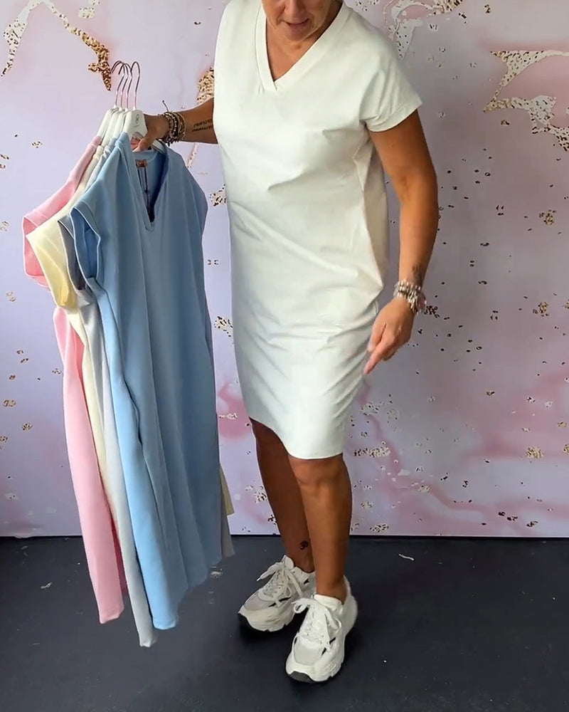 Solid color V-neck short sleeve dress