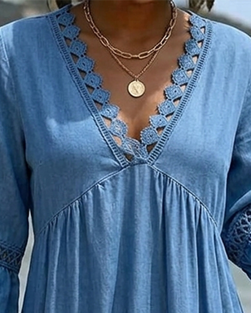 V-Neck Flared Sleeve Shirred Dress