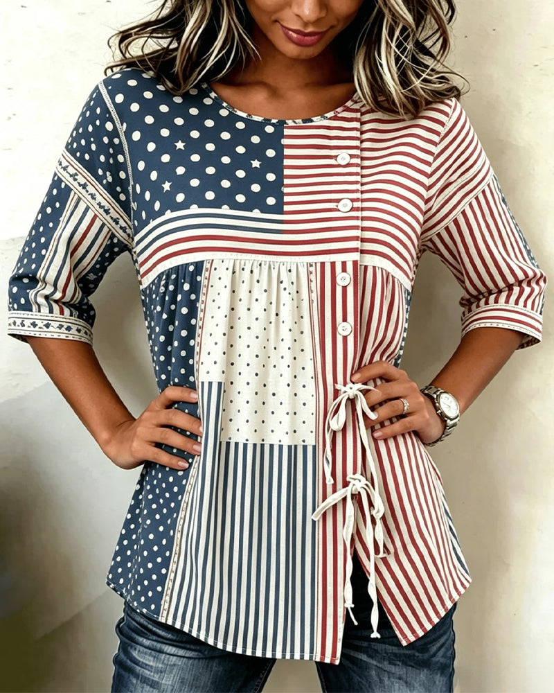 Flag Print Patchwork Tie Blouse