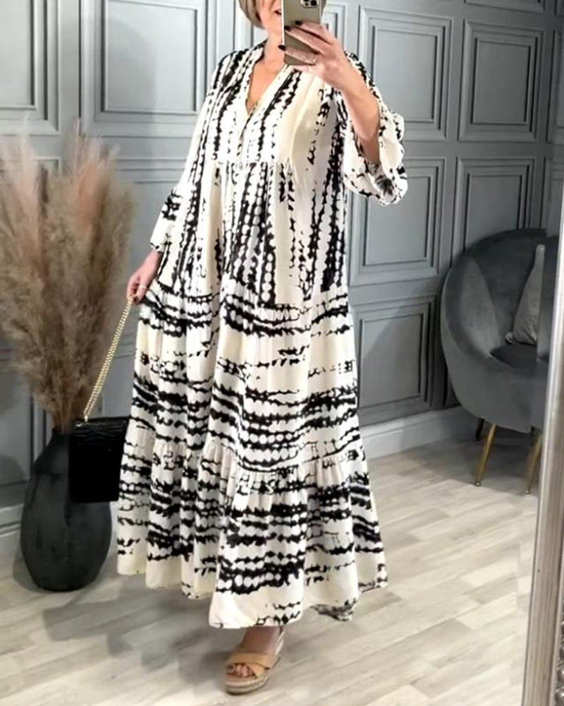 Contrast print bell sleeve casual dress