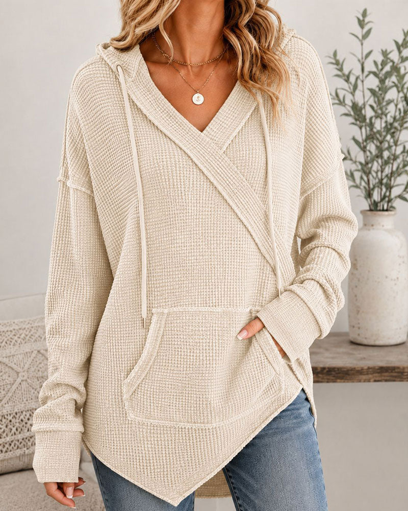 Waffle Drawstring Pocket Hoodie