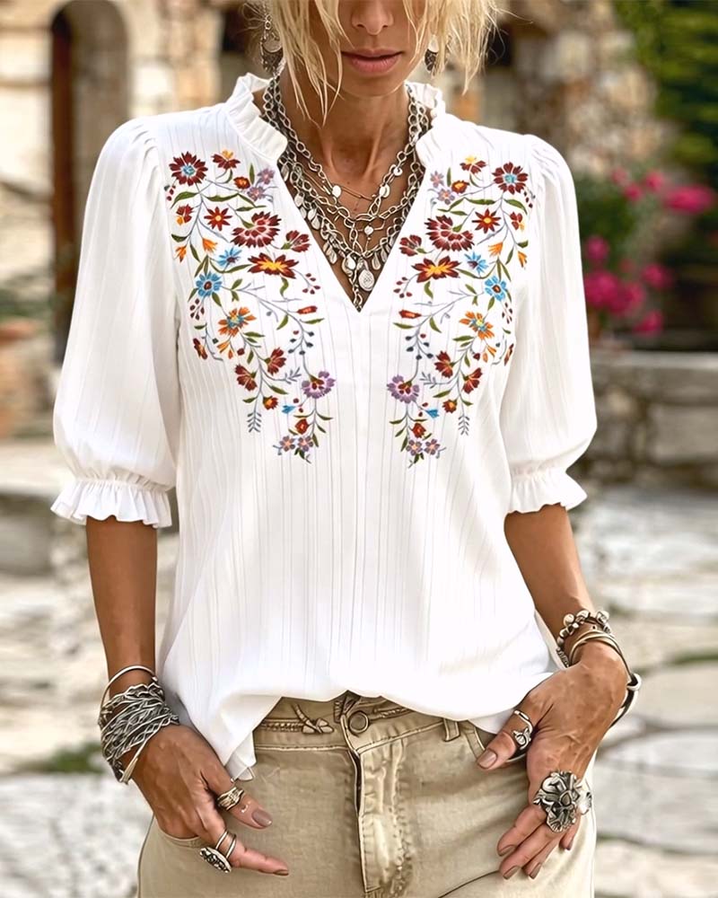 Ruffle Trim Print Casual Blouse