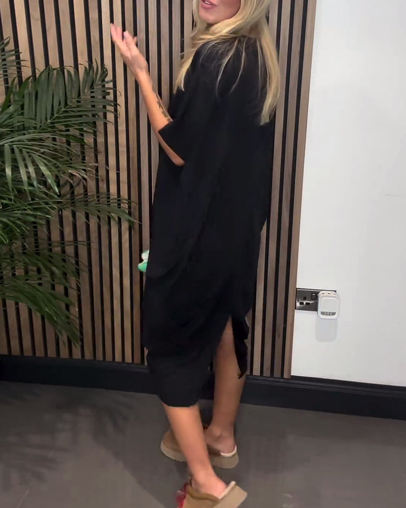 Simple solid color slit V-neck dress