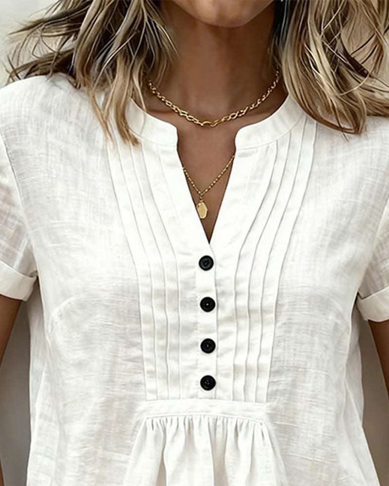 Short Sleeve Pleated Half-Placket Cotton And Linen V-Neck Blouse