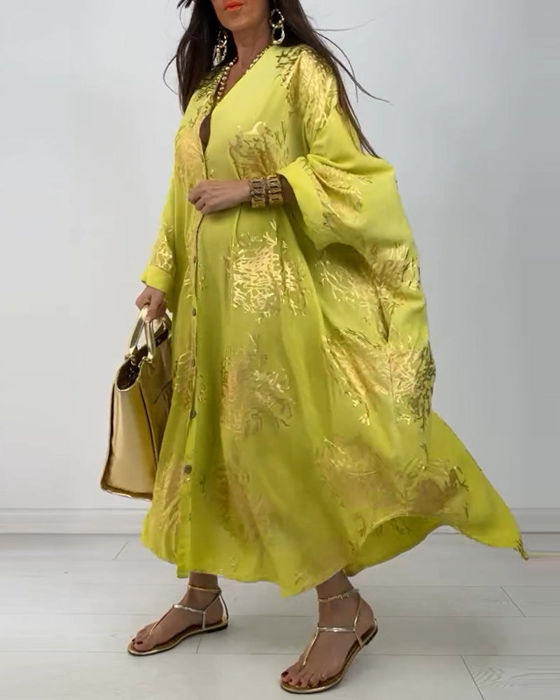 Long sleeve printed button loose dress