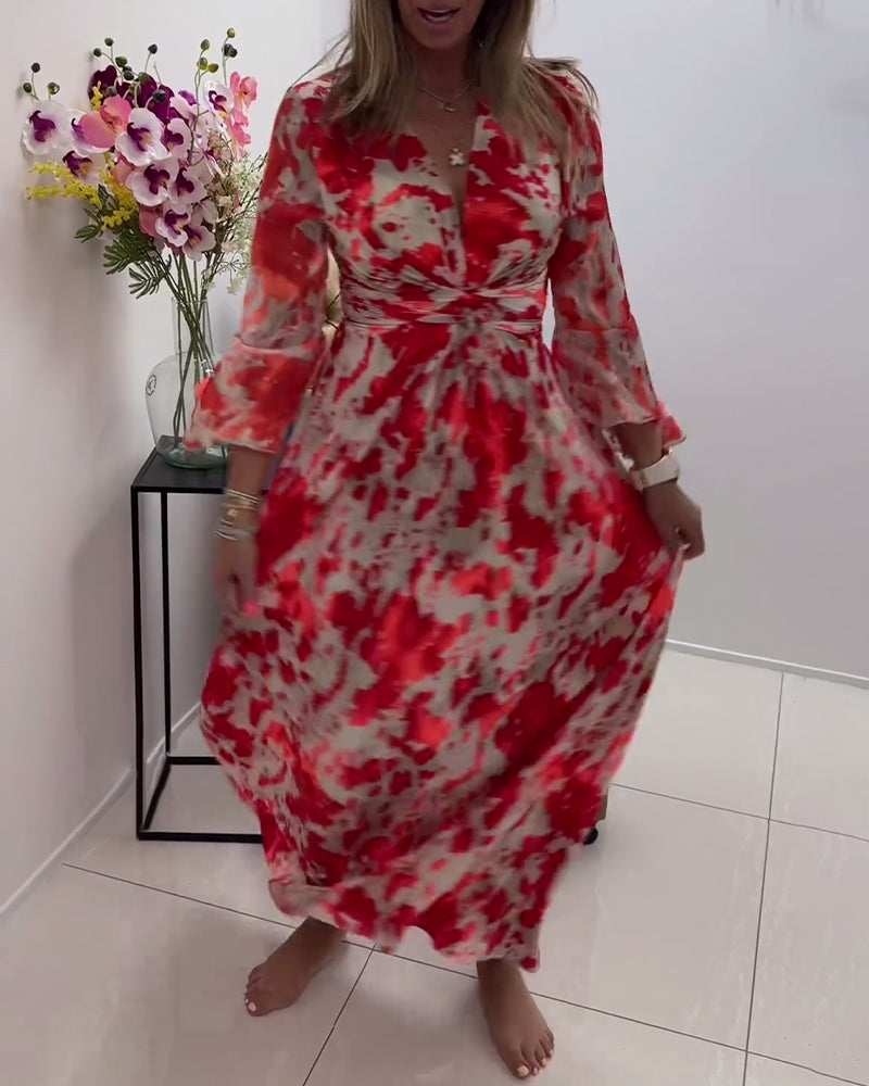 Fashionable printed deep V knitted bell sleeve dress