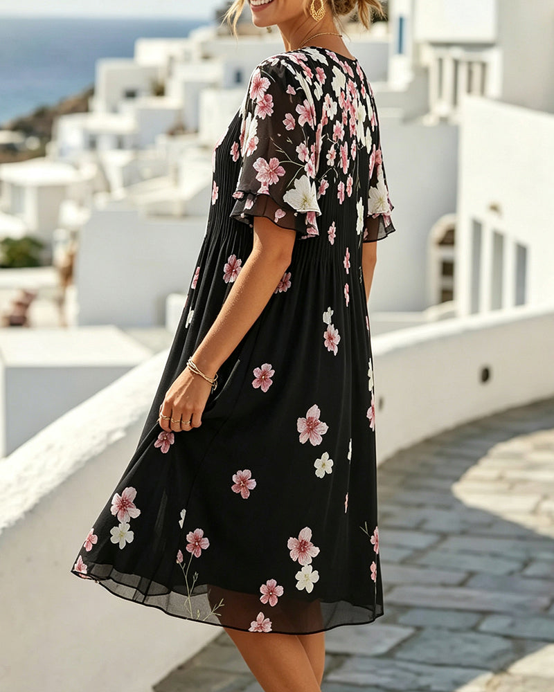 Ruffle Short Sleeve Floral Pleated Dress