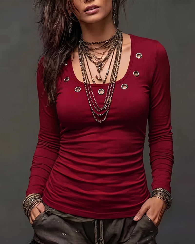 Solid Color U Collar Hollow Top