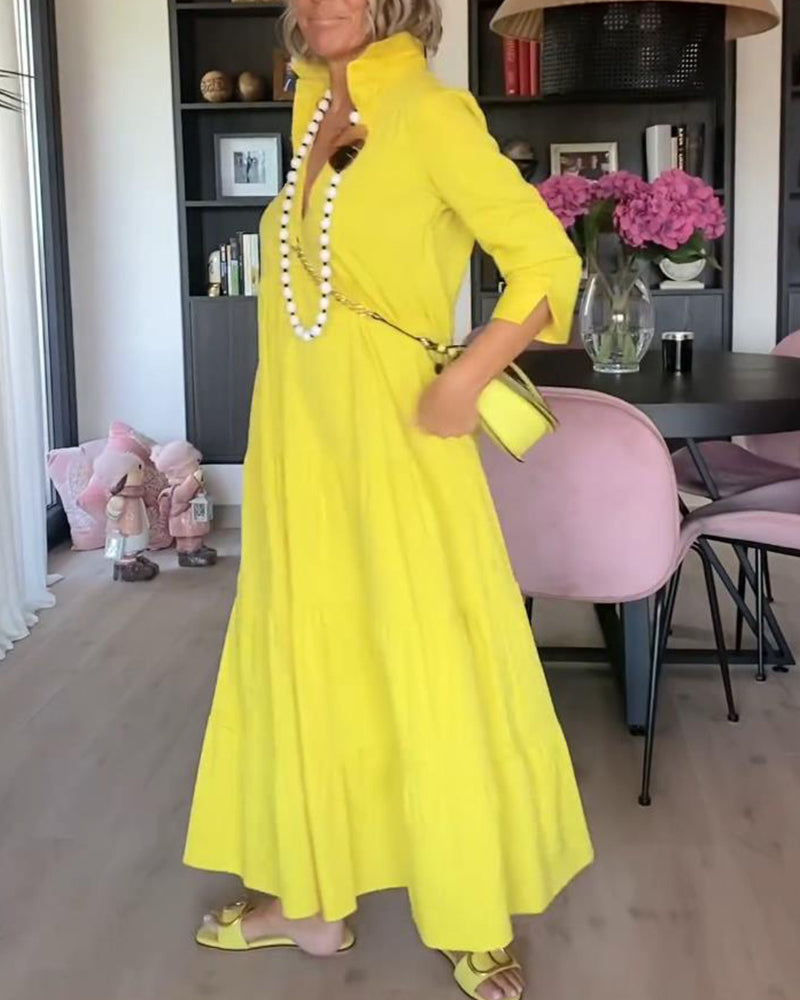 Casual solid color lapel pocket patchwork dress