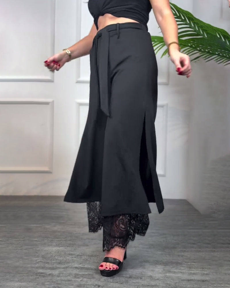 Lace-Trimmed Slit Trousers