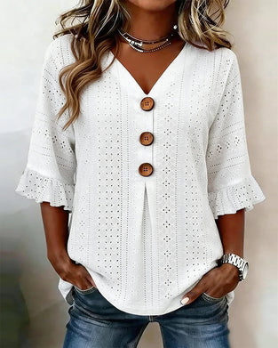 Ruffle Flared Sleeve Hollow Out Lace Blouse