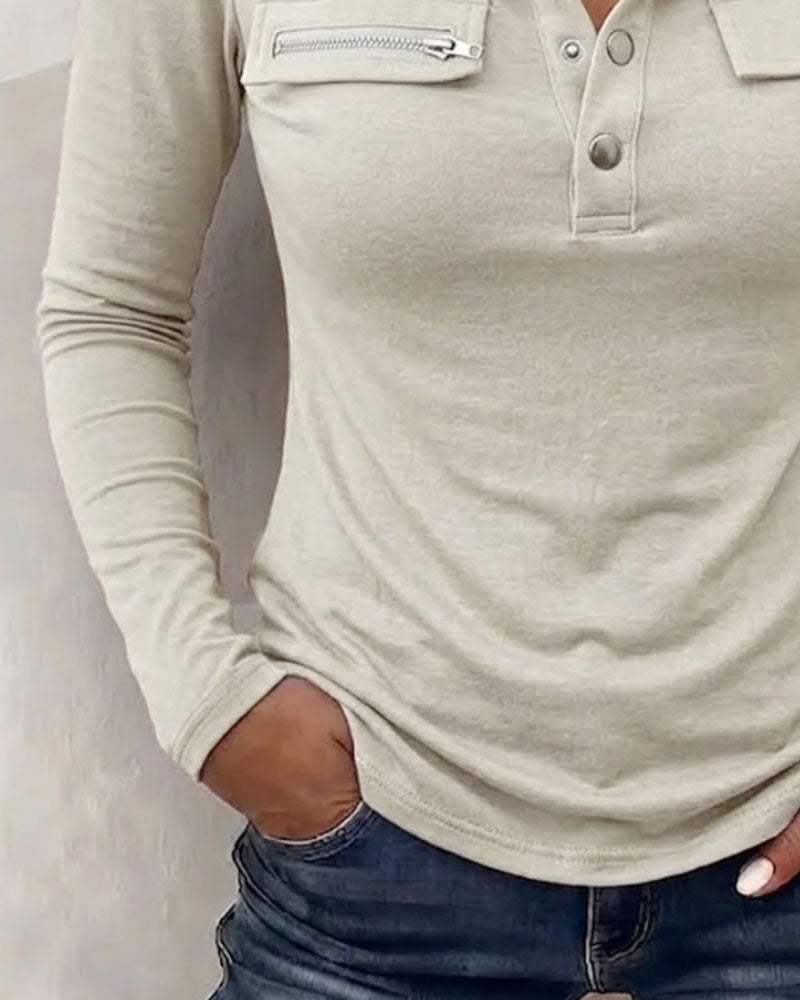 Lapel Button Long Sleeve Top