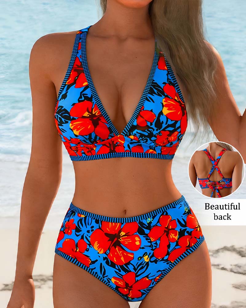 Floral Deep-V High-Waist Bikini
