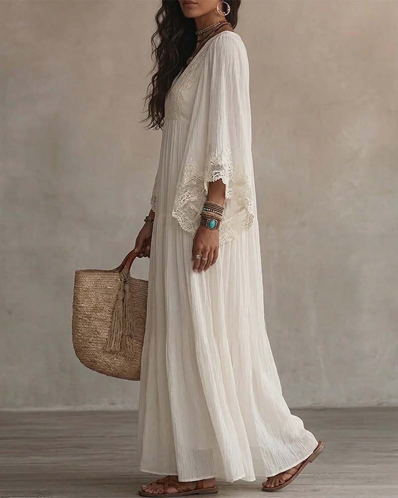 V-Neck Lace Patchwork Solid Color Dress