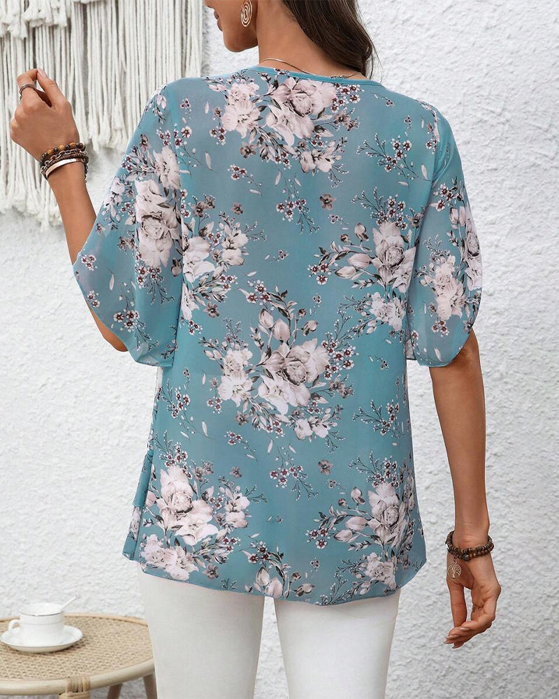 Petal Sleeve V-Neck Printed Blouse
