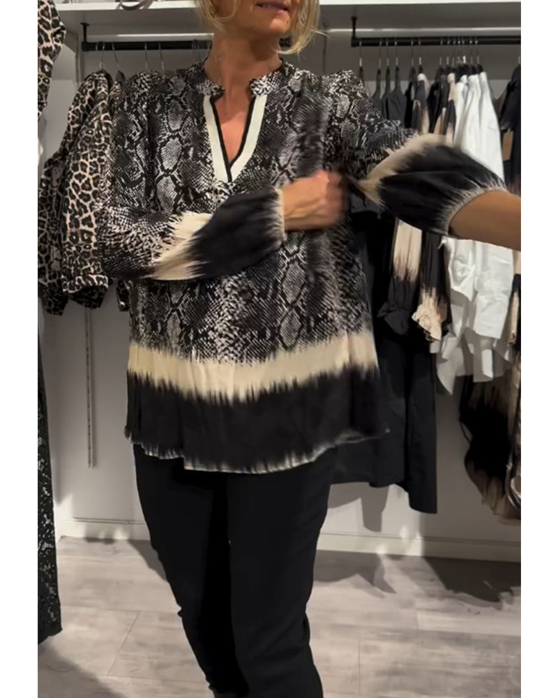 V-neck snake print colorblock blouse