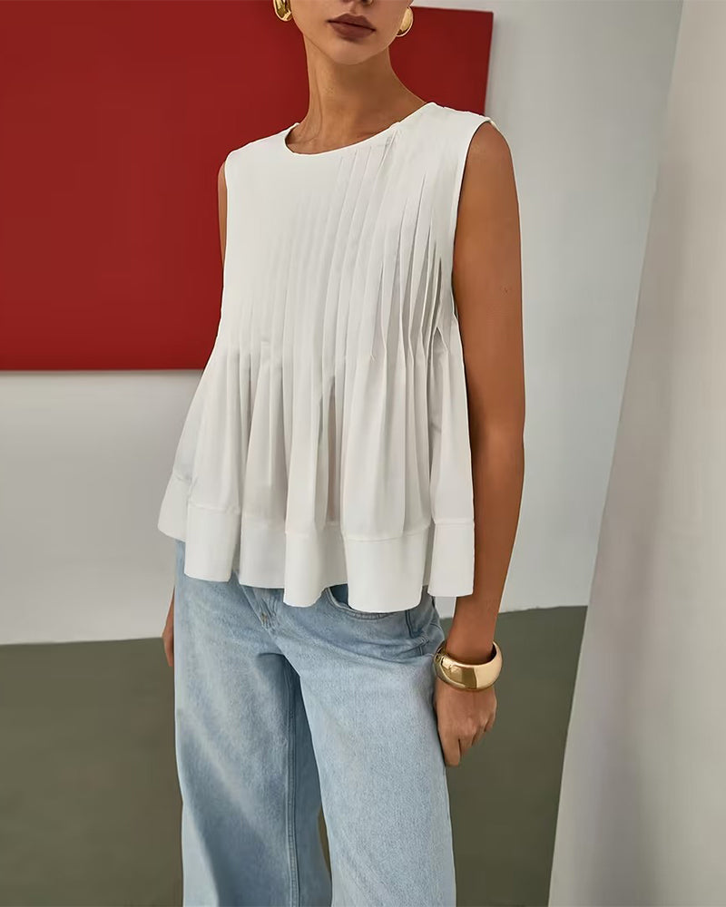 Round Neck Solid Color Sleeveless Blouse