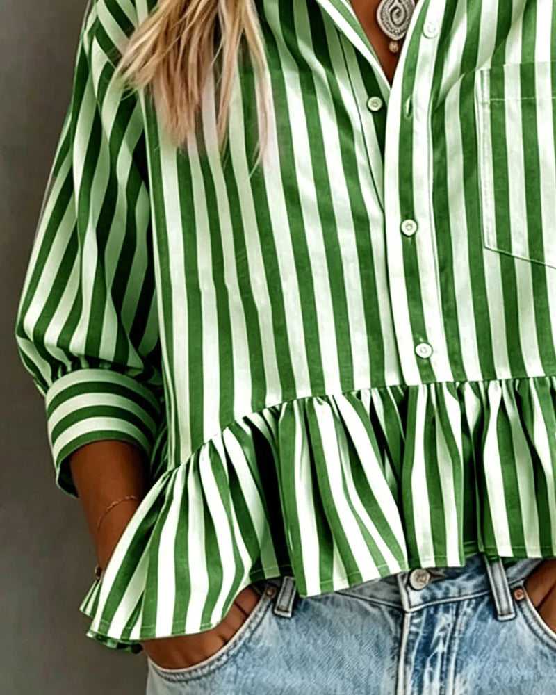 Casual Stripes Ruffle Blouse