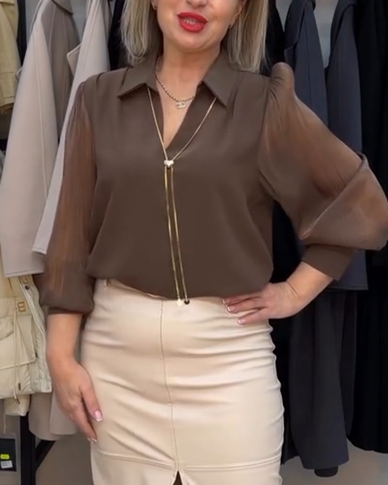Elegant Collared Sheer Puff Sleeve Blouse