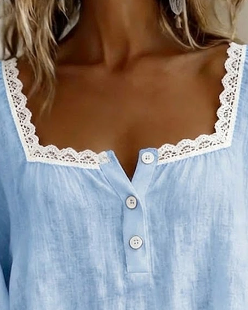 Square Neck Lace Puff Sleeve Blouse